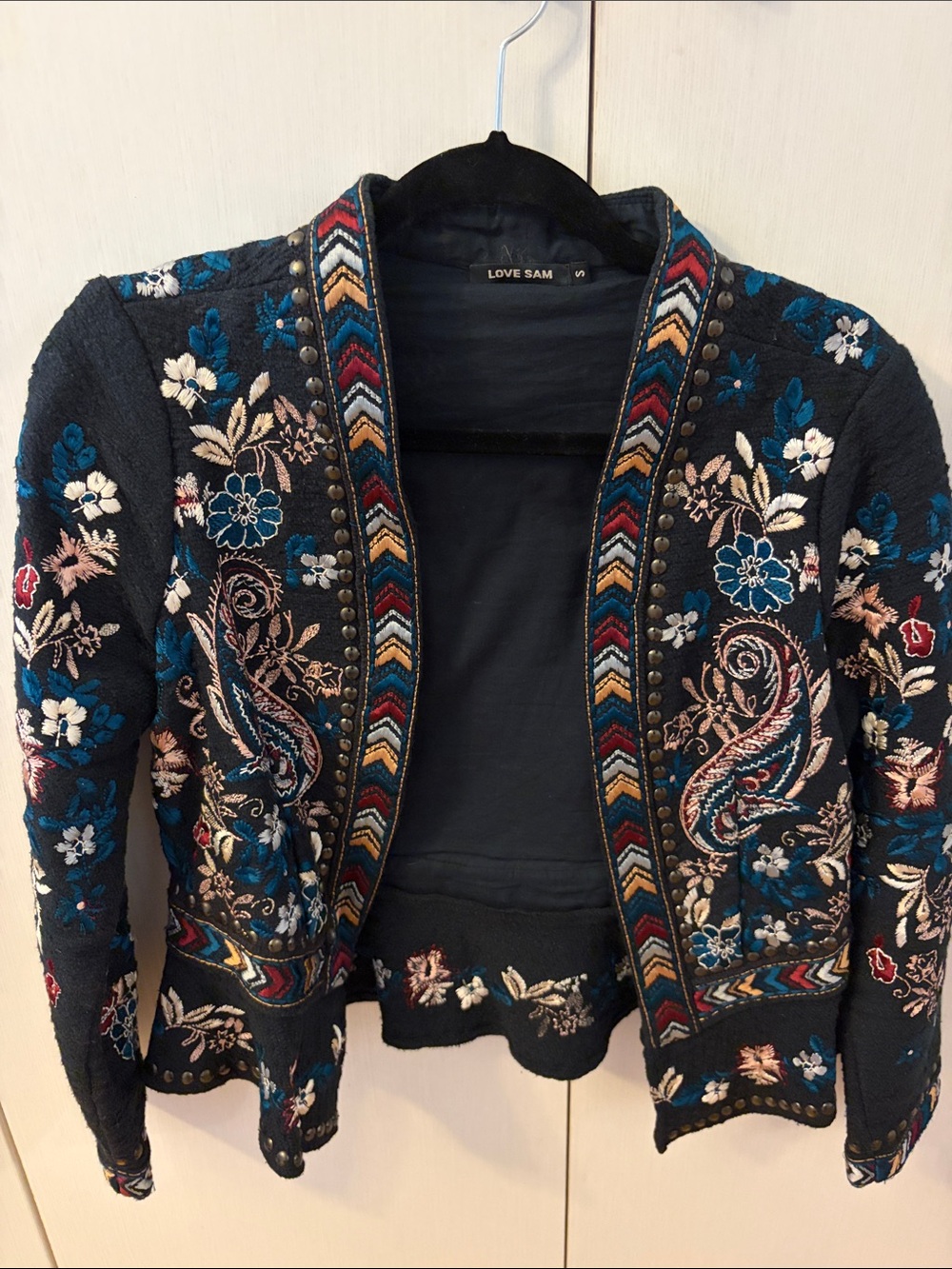 Love Sam Black Embroidered Open-Front Jacket with Teal & Cream Accents
